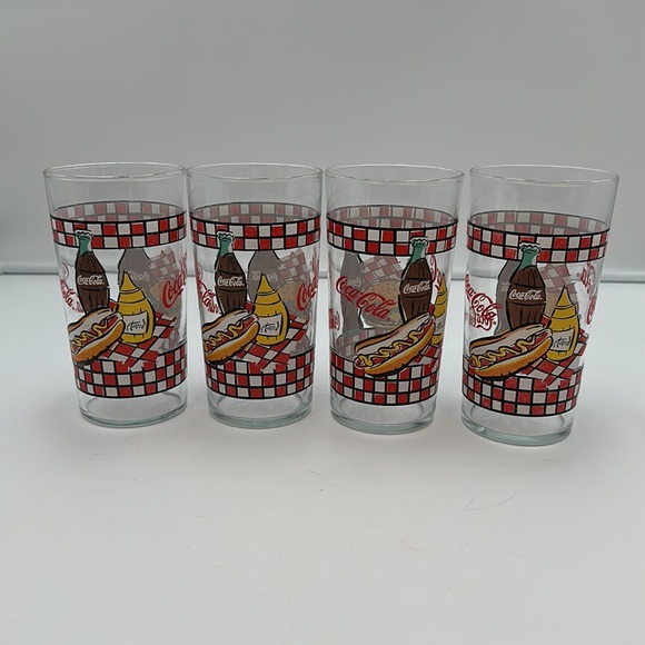 Coca Cola GLASSES 1997 Picnic Bottle and Burger Red Check-set of 4 - Picture 11 of 16